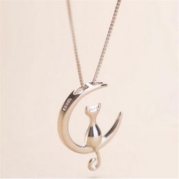 Fashion Cat Moon Pendant Necklace Charm Silver Gold Colour Link Chain Necklace For Pet Lucky Jewellery For Women Gift Shellhard GA308166U