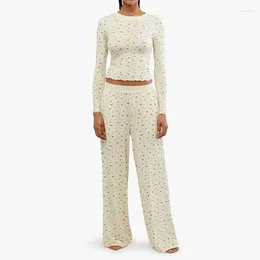 Women's Two Piece Pants Women Loungewear Comfy Sleepwear Outfits 2 Pyjama Set Long Sleeve Crop Tops T-shirt and Elastic Wide Leg Nightwear