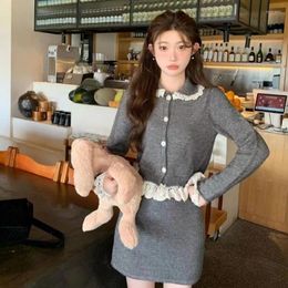 Two Piece Dress Korean Sweet Girls Lace Knitted Candigan Mini Skirts Set Women Spring Autumn Elegant Sweater Tops And High Waist Y2K Skirt