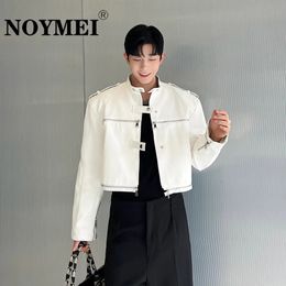 Men's Jackets NOYMEI Dual Zipper Decoration Stand Collar Patchwork Leather Jacket Solid Color Fashion Korean Style 2024 Autumn Men Coat WA2977 231219