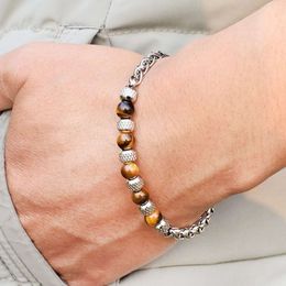 New Arrival Stainless Steel Natural Stone Agate Tiger Eye Beads Men Beaded Bracelet