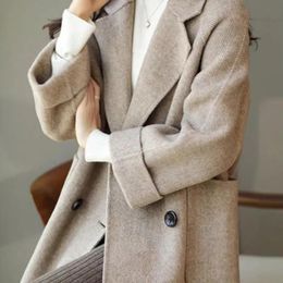 Women's Suits Blazers 5216 Grey Khaki Woollen Blazer Double Breasted Women And Jackets Thick Femme Loose Long Suit Jacket Autumn Winter 231219