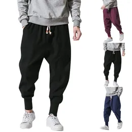 Men's Pants Cotton Linen Harem Men Solid Elastic Waist Streetwear Joggers 2024 Baggy Drop-crotch Casual Trousers Male