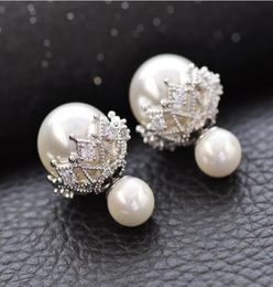 S925 Sterling Silver Stud Earrings with Crystal Luxury Pearl Double Sided Lace Designer Ear Rings Jewelry for Wedding7419225