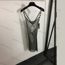 Hot Diamond Dress For Women Hollow Mesh Skirt Set Sexy Open Back Suspended Tank Top High Waist Skirt