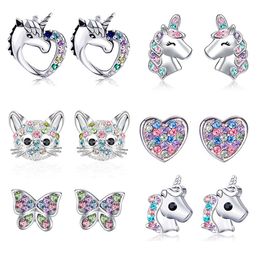 New Arrival Unicorn Cat Love Rainbow Cute Diamond Rhinestone Stud Earrings for Women Teen Girls