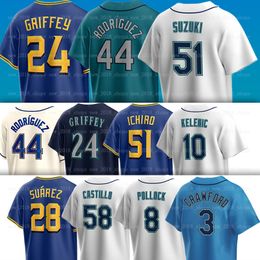 44 Julio Rodriguez Mariners Baseball Jersey 24 Ken Griffey Jr. Ichiro Suzuki Luis Castillo Bryce Miller Andres Munoz Cal Raleigh Teoscar Hernandez Sam Haggerty