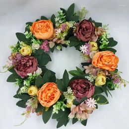 Decorative Flowers Peony Wreath Plastic Door Ring Wicker Garland Wall Hanging Party Wedding Decor Simulated Frame Craft Prop