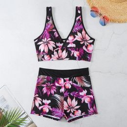 Women's Tracksuits Floral Leaf Print V Neck High Stretch 2 Piece Tankini Push Up Long Swim Skirt Girls Supportive Bikini Tops For Large Bust