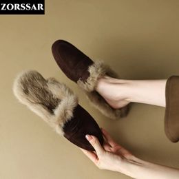 Kid Suede Half Winter Rabbit Hair Slipers Outdoor Flat Heel Women Mules Fluffy Slippers Fashion Women's Footwear 231219