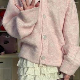 Women's Knits Autumn Students Collage V-neck Cardigan Women Pure Knitted Sweet Princess Coats Fashion Soft Loose Korean Style Lazy Girls