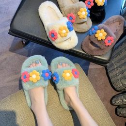 Slippers Autumn and Winter Rabbit Fur Slippers Female Autumn and Winter Girl Heart Fashion Wild Cute Flower Hair Shoes Women 231219