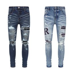 Designer jeans stack European ripped jean men embroidery quilting fold stitching design motorcycle riding cool slim pant purple je QJLoIRc