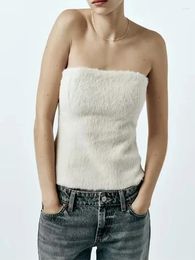 Women's Tanks Spring Ladies Faux Fur White Slim Sleeveless Short Tops Womens 2024 Fashion Back Zipper Strapless Vest