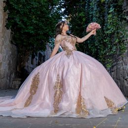 Pink Shiny Quinceanera Dresses Off Shoulder Ball Gown Sweet 16 Dress Beading Appliques Lace Beads Sequins Birthday Party Gowns