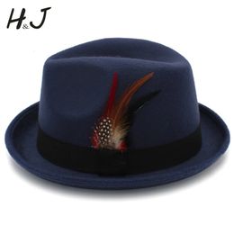 Wide Brim Hats Bucket Hats Men's Feminino Felt Fedora Hat for Dad Winter Autumn Wool Church Roll Up Brim Homburg Jazz Hat Feather Hat 231218