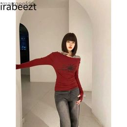 Women's Blouses Shirts Irabeezt Autumn Women T-shirt Slash Neck Off Shoulder Sexy Tshirts Printed Slim Fit Bottom Hot Girls Red T Shirt Fashion Tops YQ231219