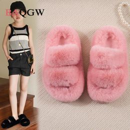 Slipper Winter Children Girls House Furry Slippers Fashion Faux Fur Warm Shoes Slip on Flats Baby Girls Home Slides Black Plush Indoor 231219