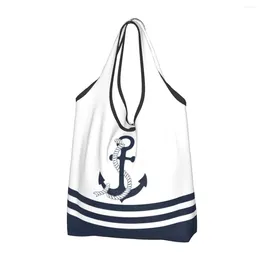 Shopping Bags Printed Nautical Blue Anchors With And White Stripes Tote Bag Portable Shoulder Shopper Sailing Sailor Handbag