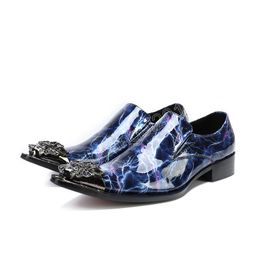 Graffiti Blue Leather Shoes for Men Metal Pointed Toe Slip On Dress Shoes Performance Banquet Low Heel Loafers Male Shoes