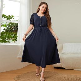 Plus Size Dresses Solid Navy Blue High-end Polyester Dress With Lace Sleeves 2023 Summer Plus-size Fat MM Cinched Waist Long Party