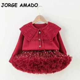 Pullover New Spring Winter Kids Girl Sets Long Sleeves Turn-down Collar Knitwear Single Breasted Pure Sweater Mesh Pure Tutu Skirt H297L231215