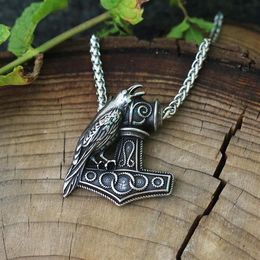 Pendant Necklaces 1pcs Men Stainless Steel Viking Raven Nordic Pagan Necklace Raven's Mjolnir Hammer285V