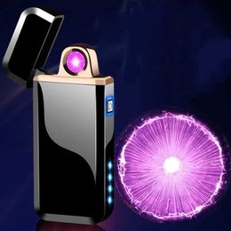 New Creative Metal Windproof Double Arc USB Electric Lighter LED Display Pulse Flameless Plasma Outdoor Gift for Men