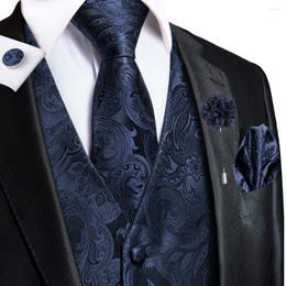 Men's Vests Navy Blue Mens Silk Business Paisley V-Necl Waistcoat Tie Hanky Cufflinks Brooch Set For Men Suit Wedding Formal Hi-Tie