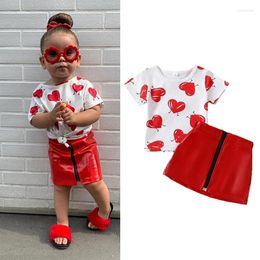 Clothing Sets FOCUSNORM 0-4Y Valentines Days Toddler Girls Clothes 2pcs Short Sleeve Heart Print Tops PU Leather Zipper Skirt