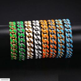Chain Hip Hop Stainless Steel Cuban Link Bracelet Drop Colour Blue Enamel Green White Colorf 12mm in Fashion Trend Mens and Womens Cu Dhpfj