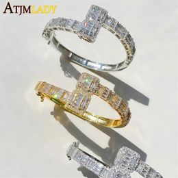 Link Chain Gold Silver Color Opened Square Zircon Charm Bracelet Iced Out Bling Baguette CZ Bangle For Men Women Luxury Jewelry256t