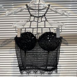 Women's Tanks 2023 Fall Sexy Y2k Top Chain Mesh Halter Lace Sequins Chest Plate Black Camisole