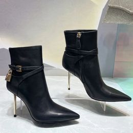 stiletto Heel Ankle boots designer Golden lock buckle decorate womens shoes Cowskin Cashmere zipper pointed toes Combat bootie 10CM high heeled Fashion Boot