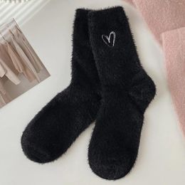 Women Socks Women's Autumn And Winter Mid Calf Thickened Warm Mink Velvet Pile Solid Color Love Embroidered H Home Floor