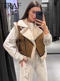 Women's Fur Faux Fur TRAF 2023 Autumn Female Fashion Faux Leather Lambswool Patchwork Sleeveless Vest Jacket Thickening Warm Zip Waistcoats Coat J1219