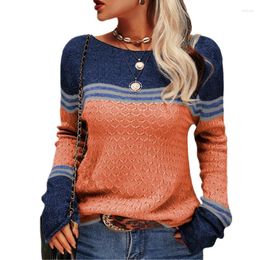 Women's Sweaters Autumn/winter Temperament Commuter Top Long-sleeved Knitted Striped Color-blocked Crewneck Sweater