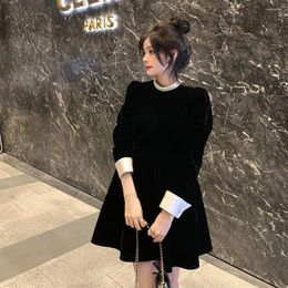 Casual Dresses Spring Korean Mini Princess Dress Ladies Temperament Pearl O Neck Black Velvet Mujer Elegant Pretty Women's