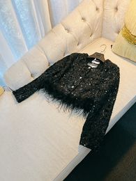 2024 Spring Black Sequins Panelled Feather Jacket Long Sleeve Round Neck Buttons Single-Breasted Jackets Coat Short Outwear H3D183802