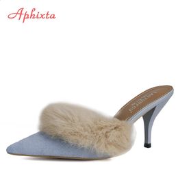 Soft Real Aphixta Rabbit Fur Plush Pointed Toe Women Slippers cm Thin Heels Shoes Flat Heel Hair Slides