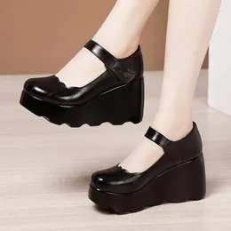 Dress Shoes 2023 Spring Leather Women Platform High Heels Round Toes Ankle Strap Black Pumps Big Size 33-43