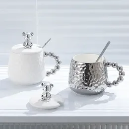 Mugs Light Luxury INS Style Bear Ceramic Cup Electroplated Mug With Lid Spoon Household High-value Coffee Souvenir