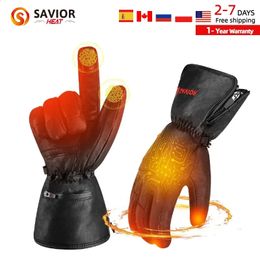 Ski Gloves SAVIOR HEAT Electric Heated Leather Gloves Rechargeable Battery Waterproof Heated Gloves for Men Women Cycling Ski Thermal Warm 231218