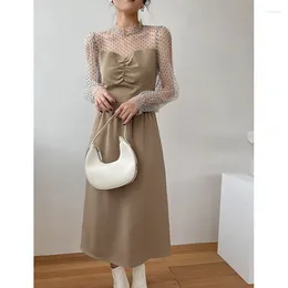 Casual Dresses Vintage Mesh Dress Women O-Neck Full Sleeve Sexy Slim 2023 Spring Summer Dot Print Elegant Female Y902