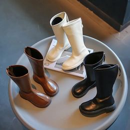 Botas crianças botas de couro para meninas simples clássico moda crianças joelho-altas botas de algodão volta zíper longo motocicleta inverno 231219