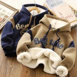 Pullover Padded Thick Sweatshirt Coat Winter Big Kids Clothes Warm Hoodie Baby Boys Girls Letter Print Hooded Pullover Casual Tops 4-12YL231215