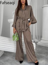 Women's Two Piece Pants 2024 Spring Silk Satin Women's Pyjamas Set with Print Wide Leg Trousers Tracksuit Loose Home Suit Brown Two-piece Set for Women 231218