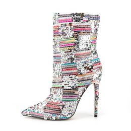 Flower Boots Colourful 515 35-47 Sizes Sequin Short Sier 10cm High Heel Printed Colour Block Pointed Ankle Women's Boot 231219 508