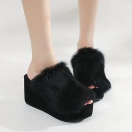Winter Modern Slippers for Women Wedges Spandex Bottom Super High-heel Ladies Shoes Plush Rabbit Hair Peep Toe Korean Style 231219