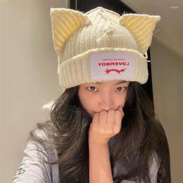 Berets 2023 Fashion Hooded Cap Loverboy Cat Ear Knit Hats Double-Layer Warm Pig Woolen Hat Hip-hop Personality Cold Bonnet264N